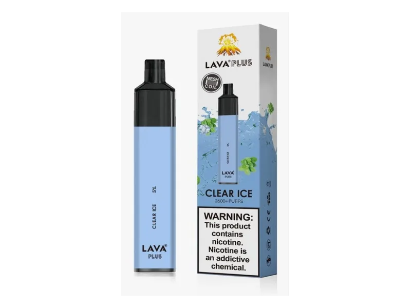Lava Plus 2600 Puffs disposable vape in Clear Ice, light blue device next to its retail box
