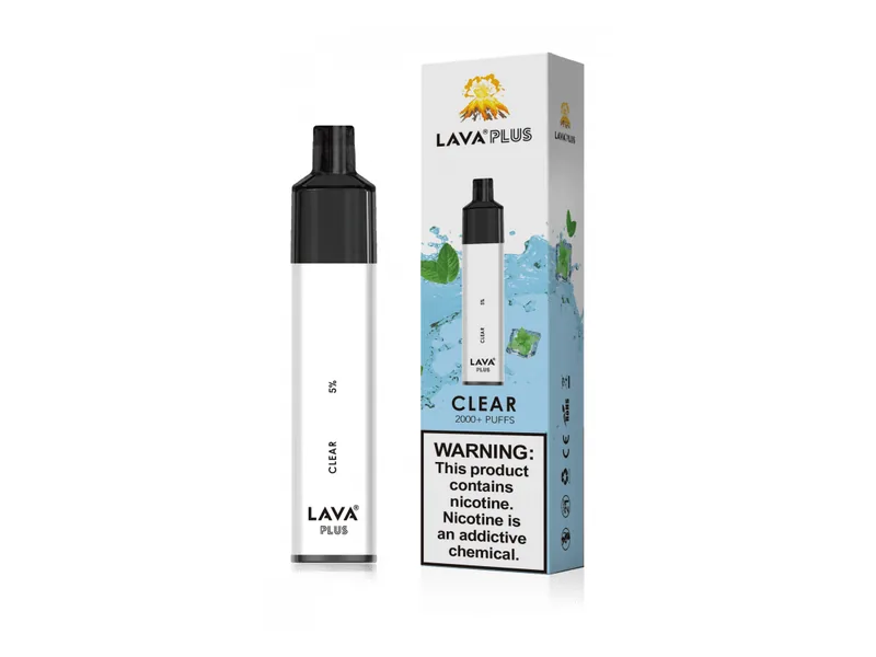Lava Plus 2600 Puffs disposable vape in Clear, white device next to its retail box