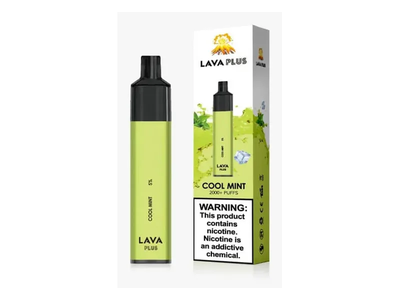 Lava Plus 2600 Puffs disposable vape in Cool Mint, lime green device next to its retail box