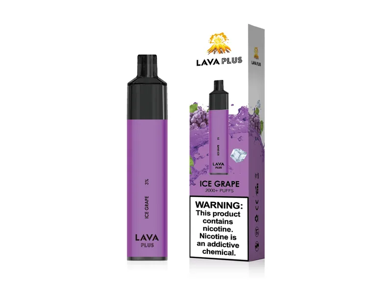 Lava Plus 2600 Puffs disposable vape in Ice Grape, purple device next to its retail box