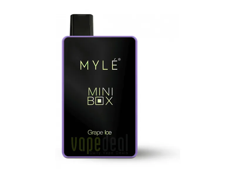 Myle Mini Box 1500 Puffs disposable vape in Grape Ice, slim black device with purple trim