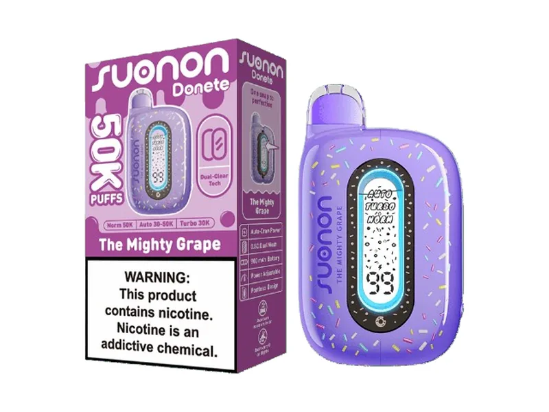 Suonon Donete 50000 Puffs disposable vape in The Mighty Grape with its retail box