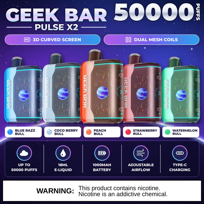 Geek Bar Pulse X2 50000 puffs lineup: Blue Razz Bull, Coco Berry Bull, Peach Bull, Strawberry Bull and Watermelon Bull